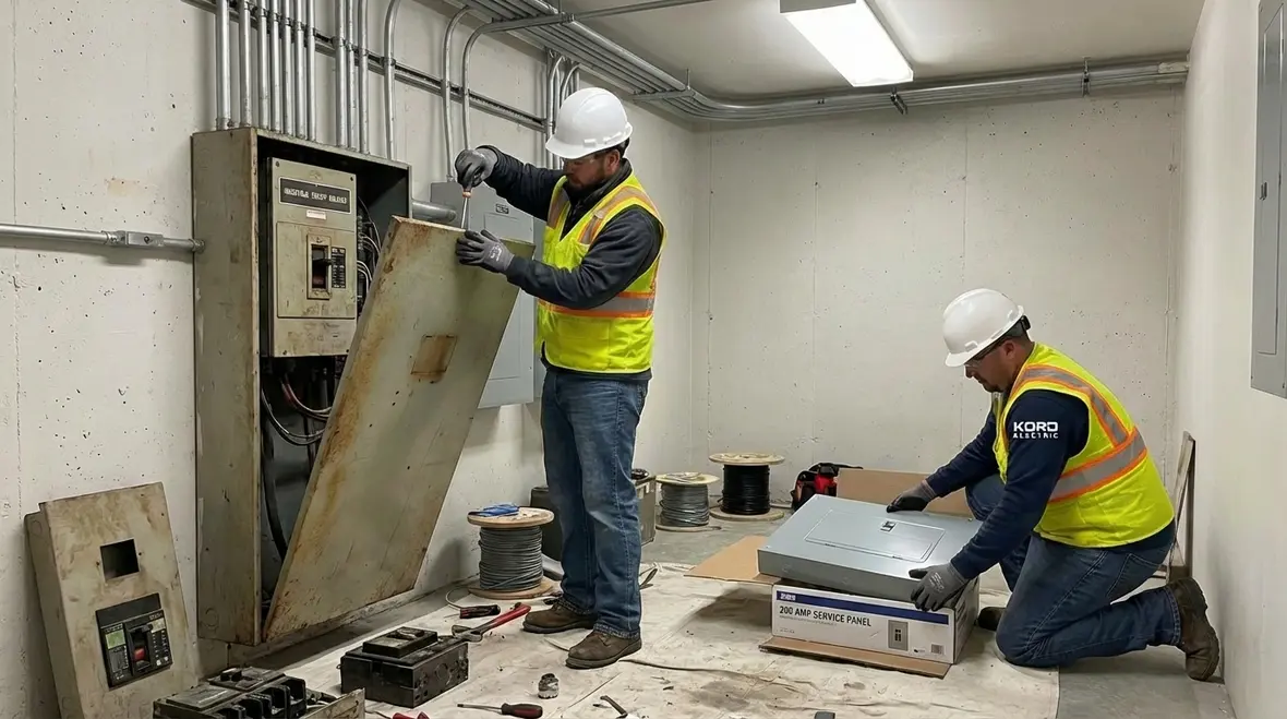Electricians reviewing load calculations for a 200 amp service upgrade