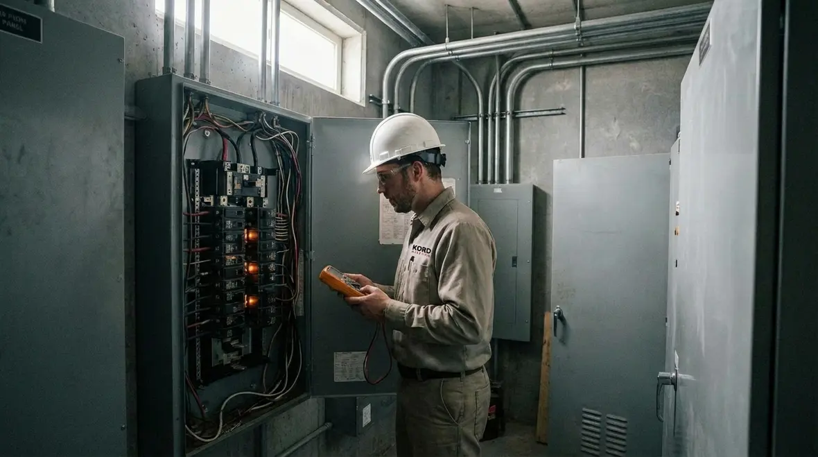 Upgraded 200 amp commercial service panel in an electrical room