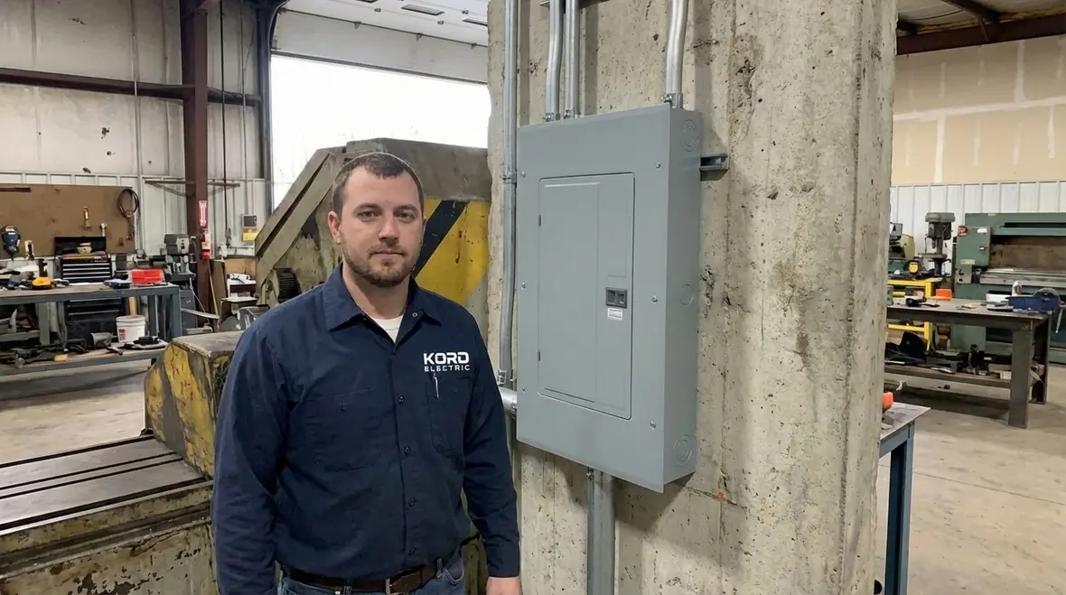 Commercial garage subpanel with organized breakers and labeled circuits