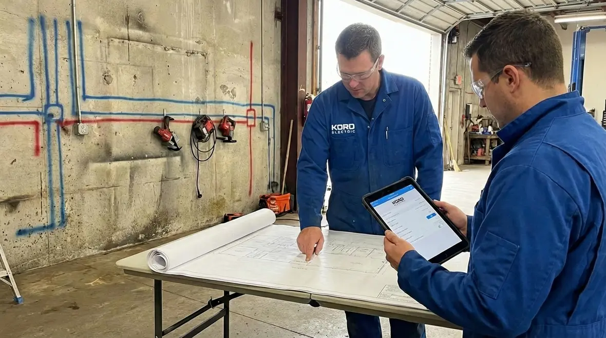 Licensed electricians performing a commercial subpanel installation