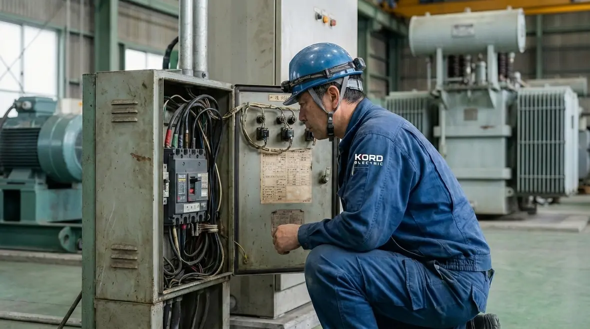 Commercial electrician evaluating an aging electrical panel for a full rewiring project