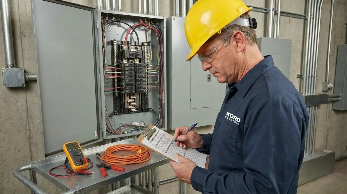Technicians planning commercial subpanel installation in Los Angeles