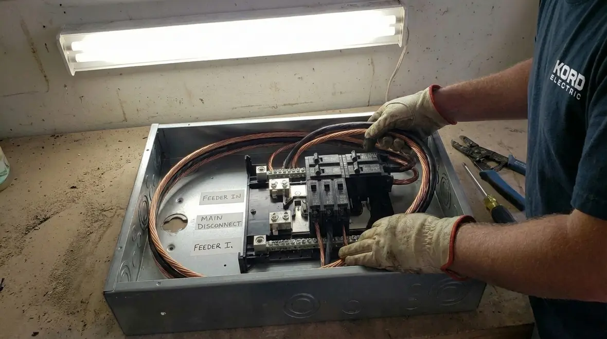 Commercial electricians wiring and testing a subpanel in Los Angeles
