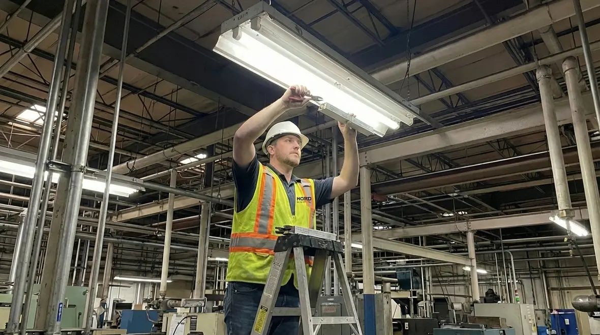 Aging commercial lighting system showing visible wear and inefficiency