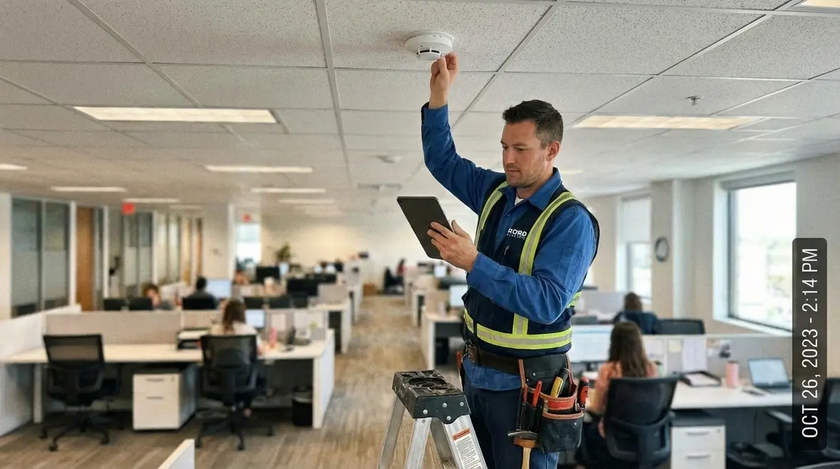 Technician performing repair on a commercial smart lighting fixture