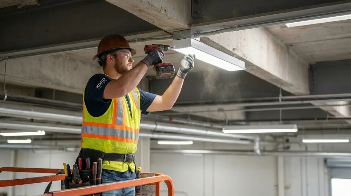 Industrial facility safety systems with emergency lighting over machinery and aisles