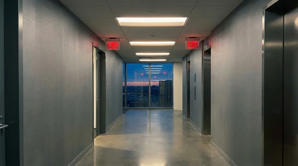 Emergency lighting and exit signs illuminating a warehouse egress path