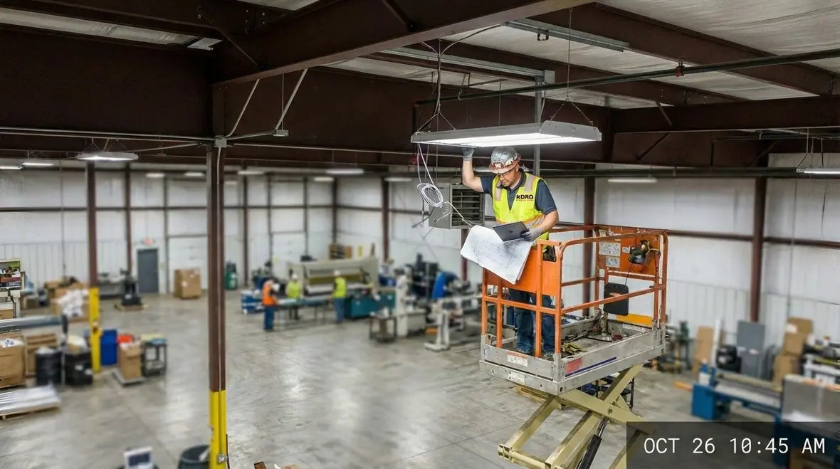 Technicians planning warehouse lighting layout for compliance