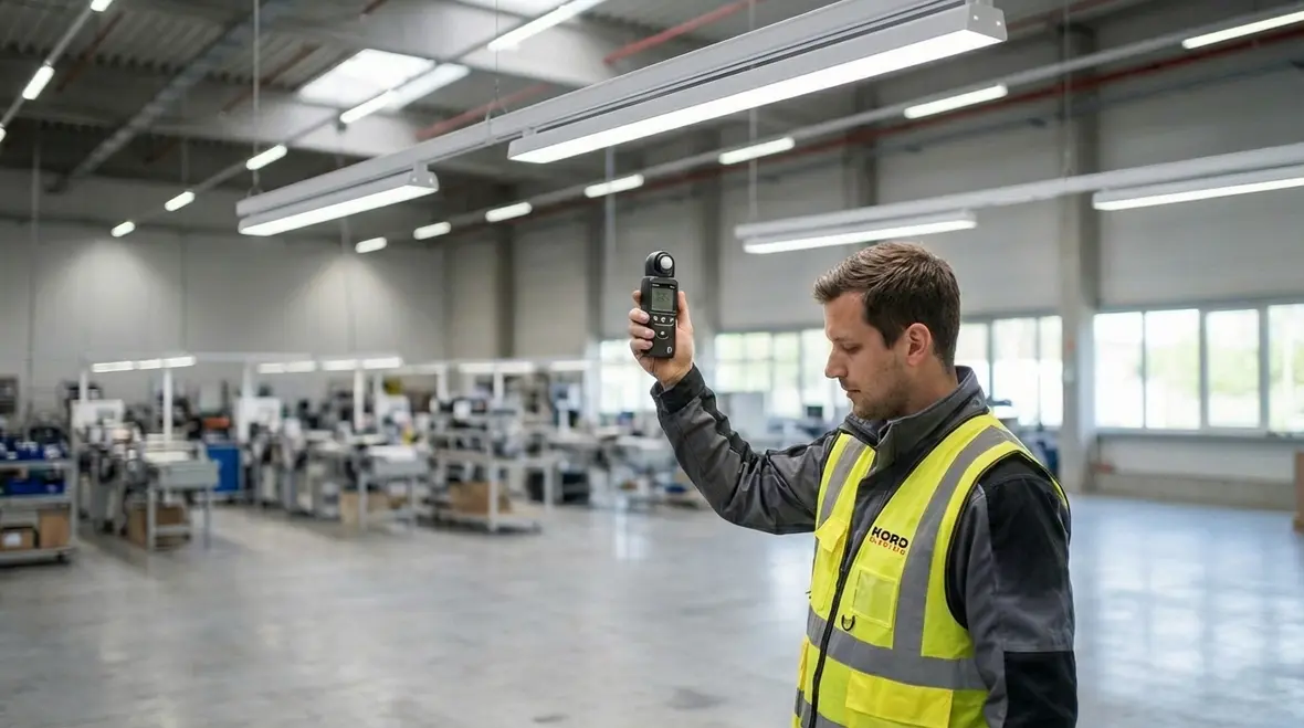 Technician inspecting aging commercial lighting to determine when to upgrade lighting