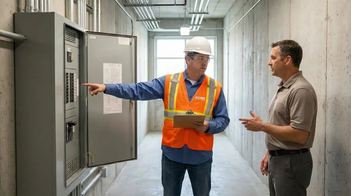 Commercial electrical inspection being performed in a California facility