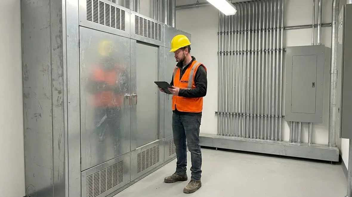 Electricians reviewing commercial wiring code california plans in an equipment room