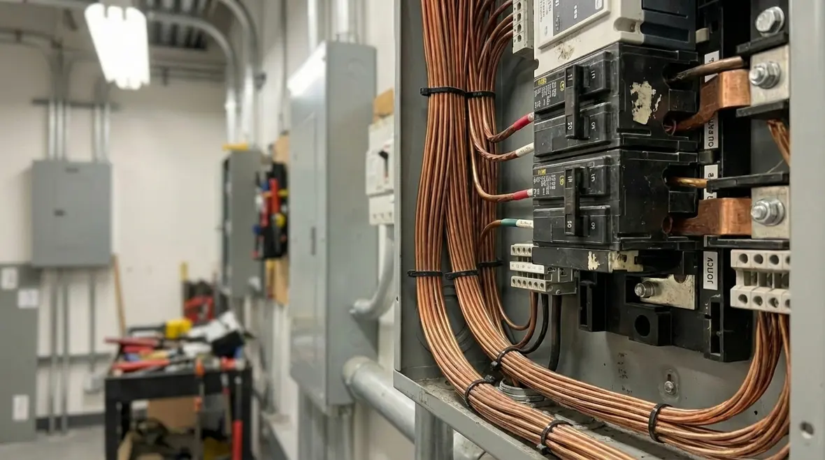 Commercial electrical room with labeled panels and compliant clearances