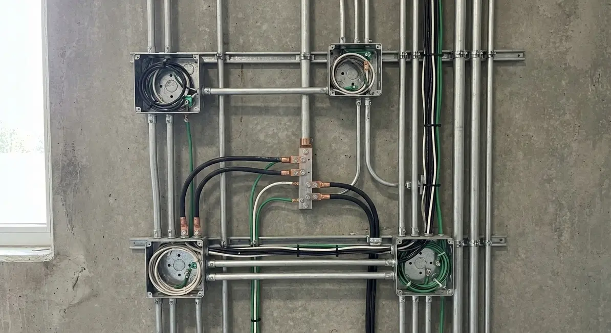 Organized commercial electrical conduits and cable trays installed to code
