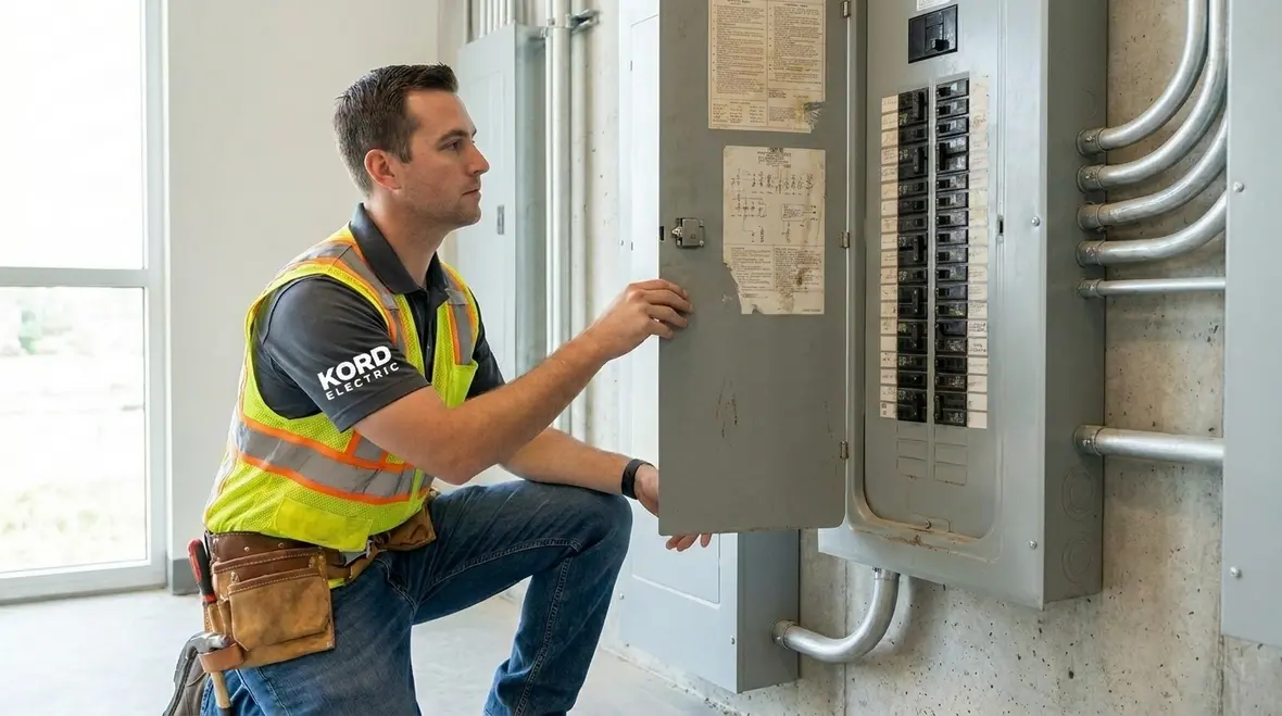 Technician performing electrical panel preventative maintenance for commercial buildings