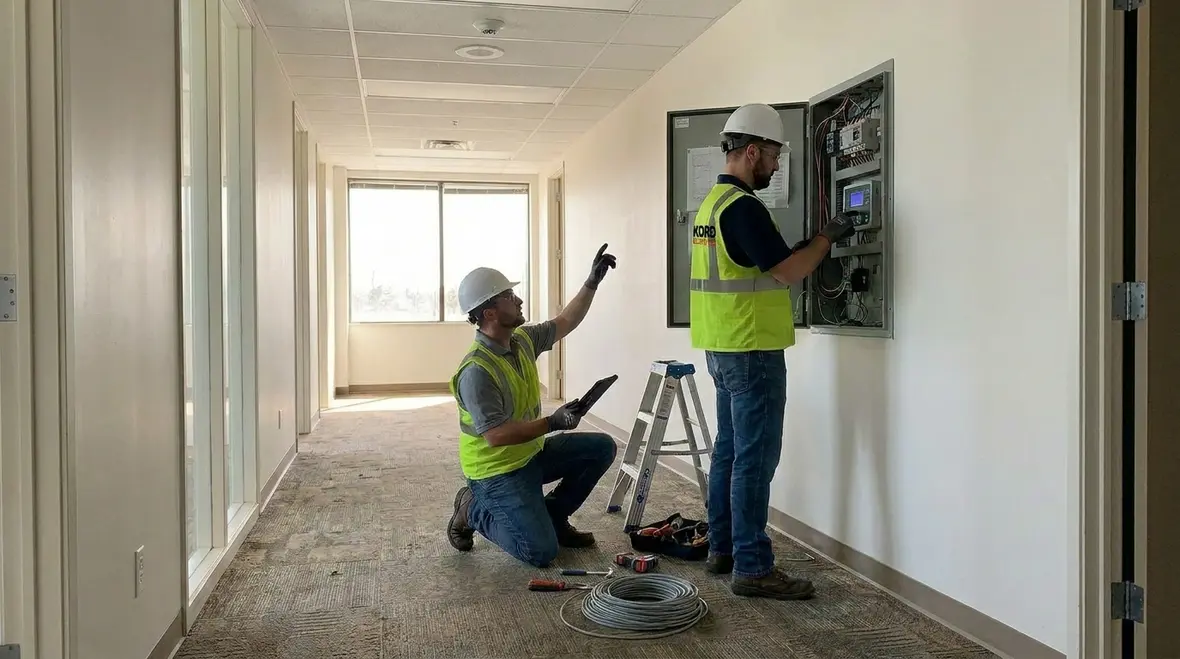 Technicians commissioning and testing commercial lighting controls