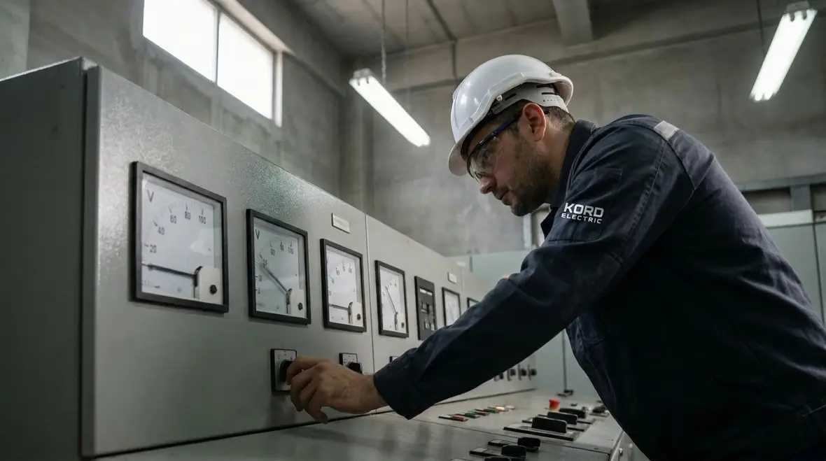 Technicians evaluating commercial voltage behavior