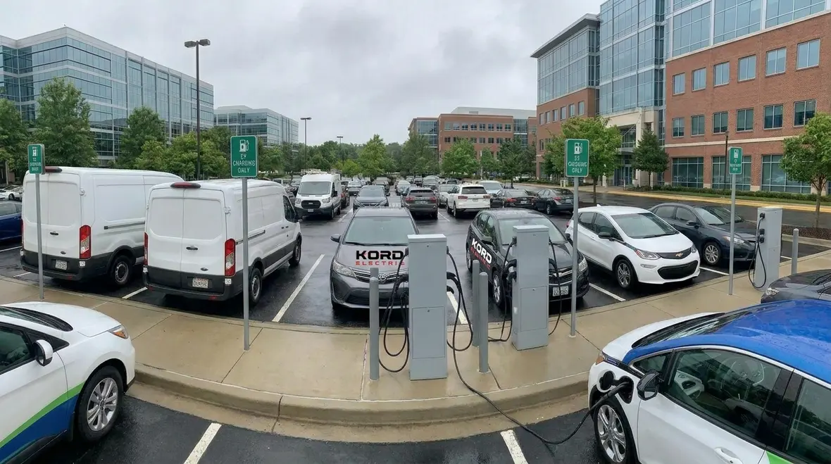 Technicians maintaining commercial EV charging stations