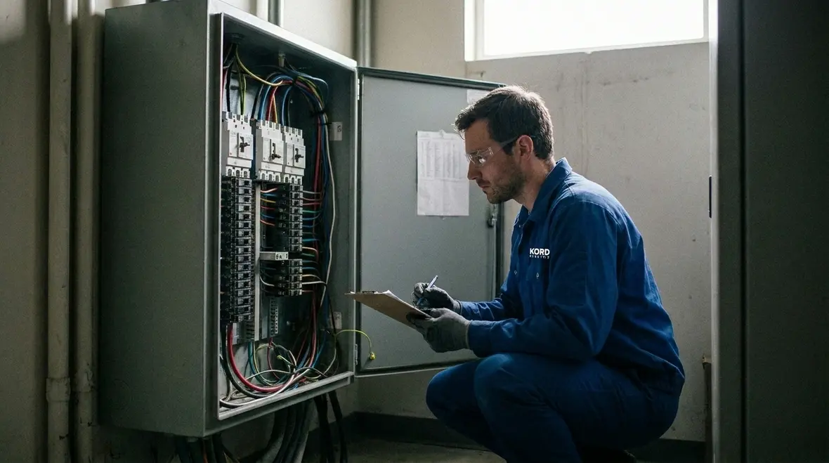 Technician performing commercial electrical maintenance inspection