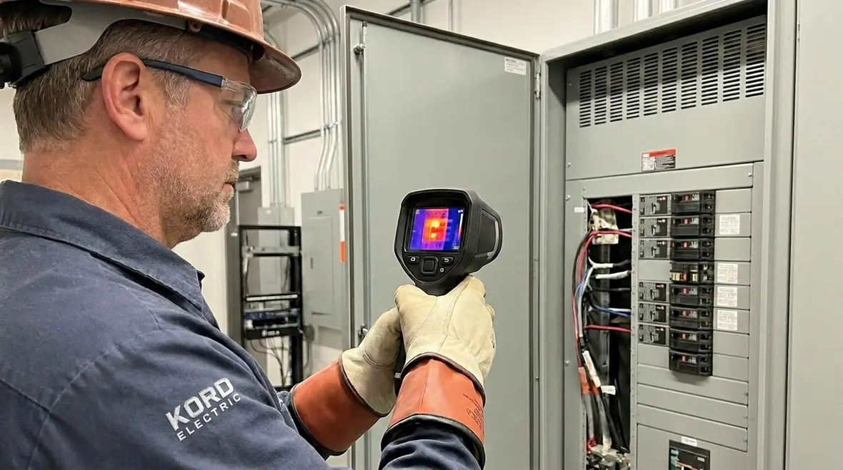Technician inspecting a commercial electrical panel for load imbalance