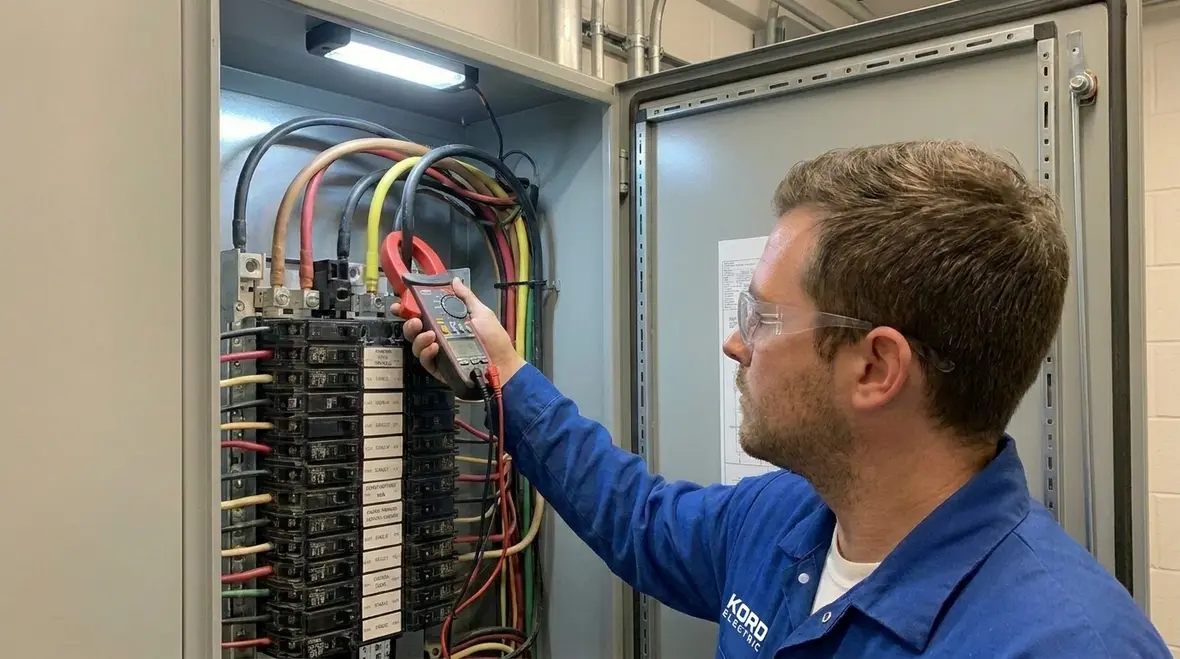 Commercial electrical panel with breakers tripping and dimming lights as warning signs