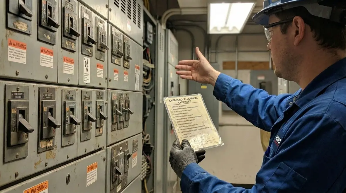 Commercial backup generator and transfer switch being inspected
