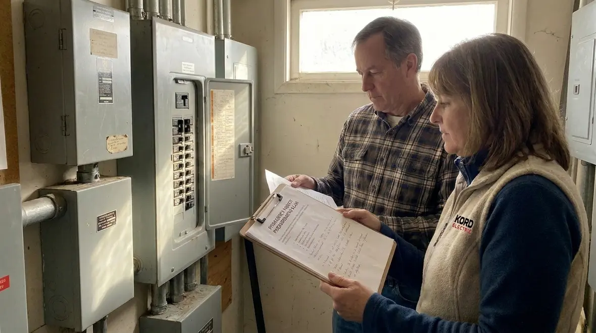 Facility manager reviewing electrical one-line diagrams to assess emergency risks