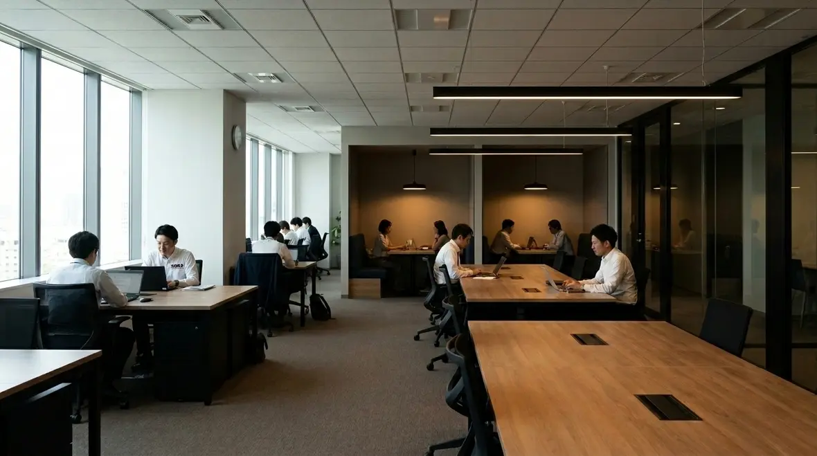Technicians commissioning commercial LED lighting control integration in an office building