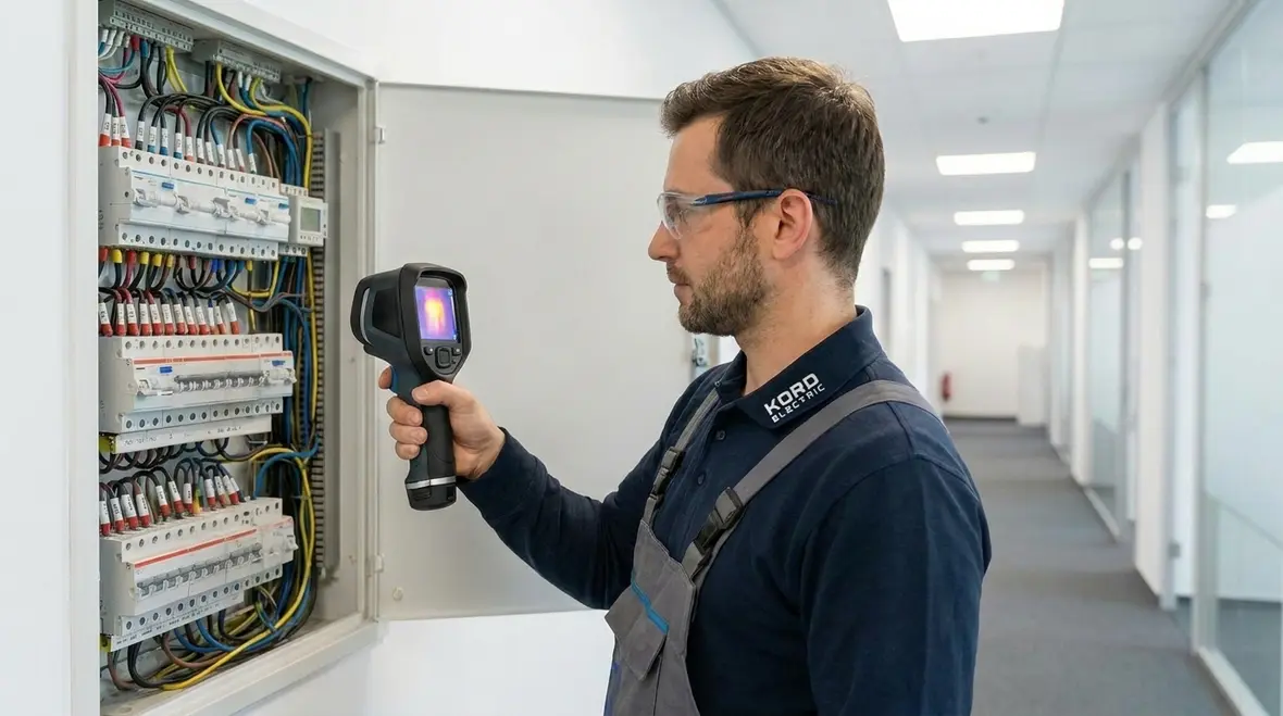 Electrician applying Electrical Troubleshooting Techniques in an office panel