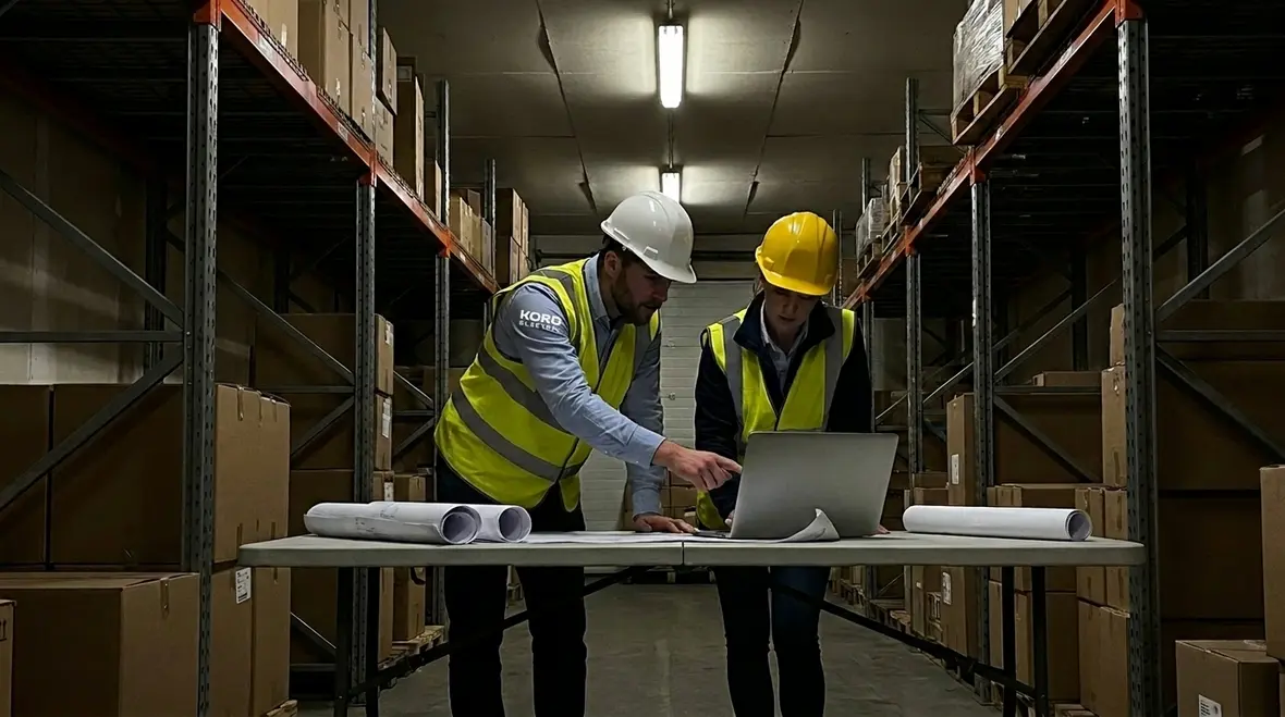 Inspector reviewing warehouse lighting compliance documentation