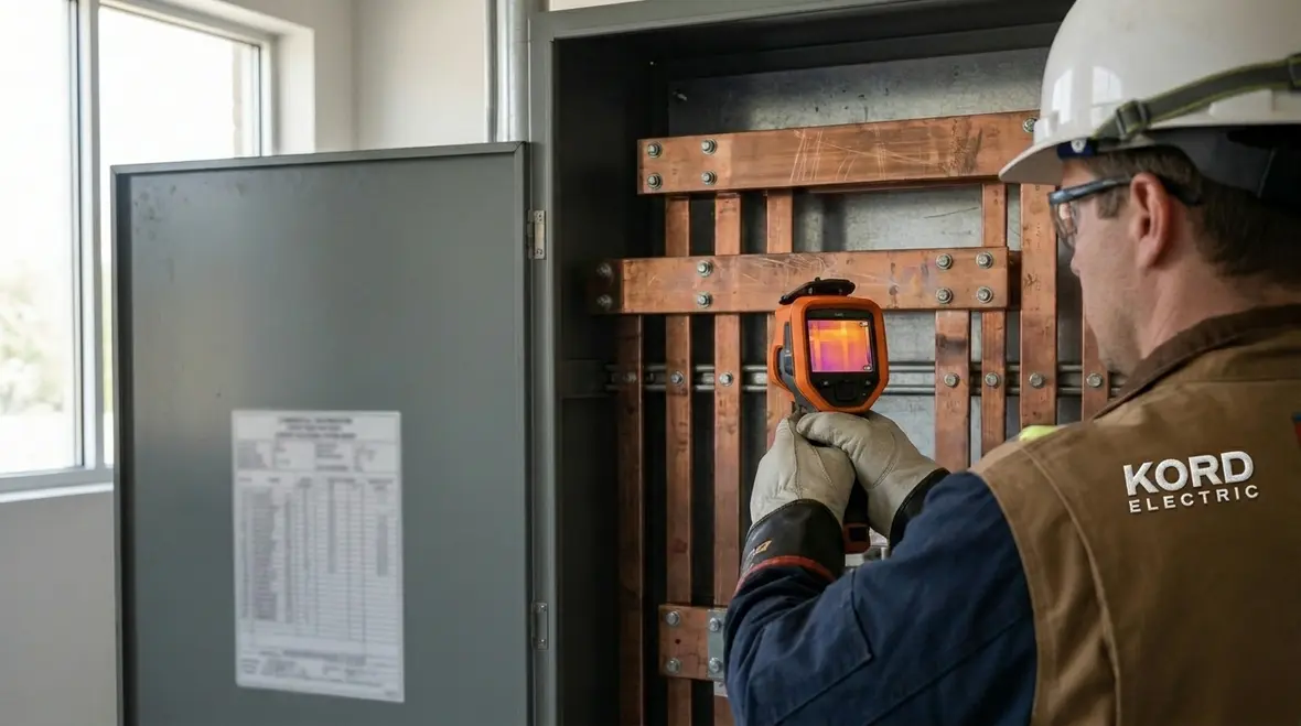 Commercial electrical panel under load evaluation in a large building