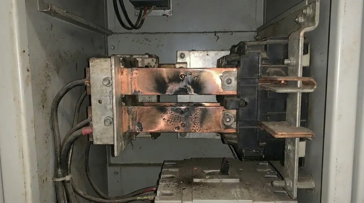Damaged switchgear components inspected after an emergency outage