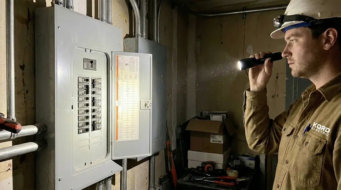 Technicians inspecting commercial electrical equipment after an outage