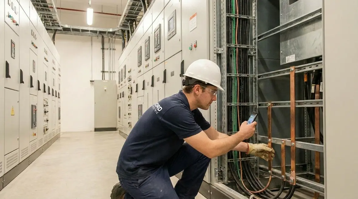 Technician reviewing surge risk in a commercial electrical room