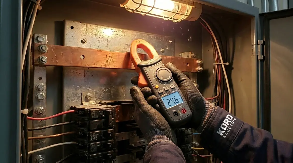 Technicians inspecting commercial switchgear and feeders for flicker causes
