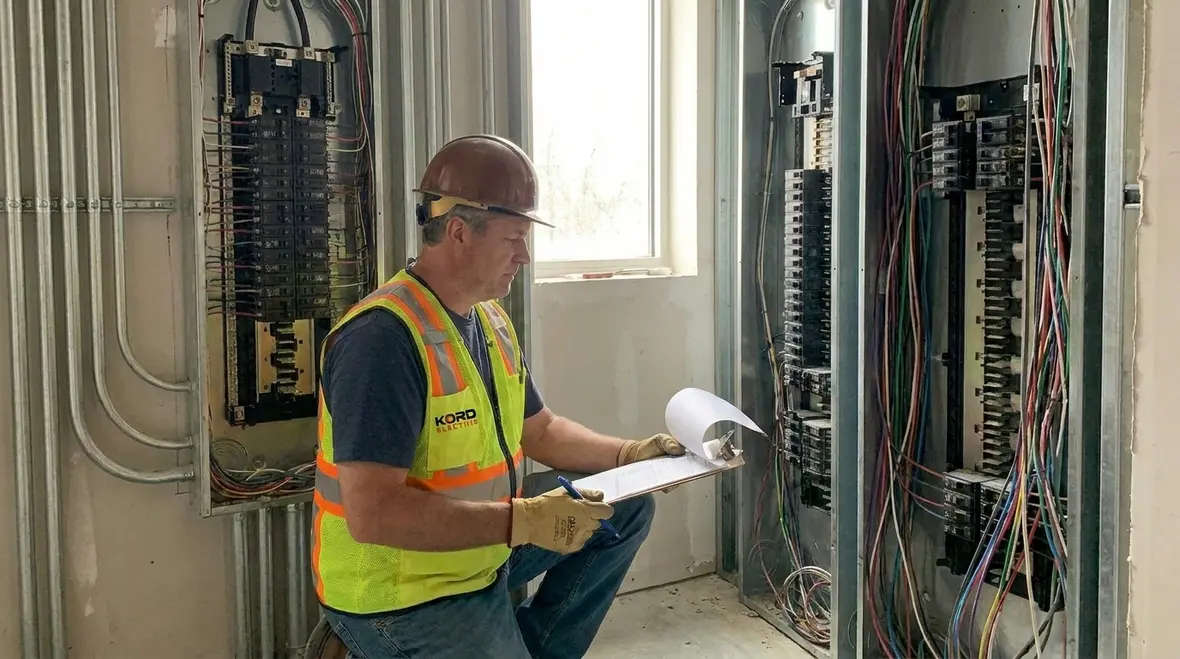 Technician assessing commercial electrical panels to prevent fires
