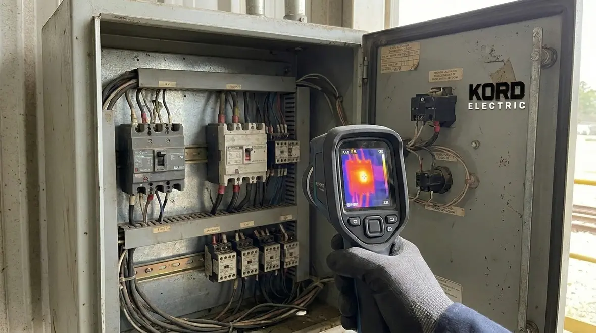 Technician inspecting industrial electrical power distribution equipment