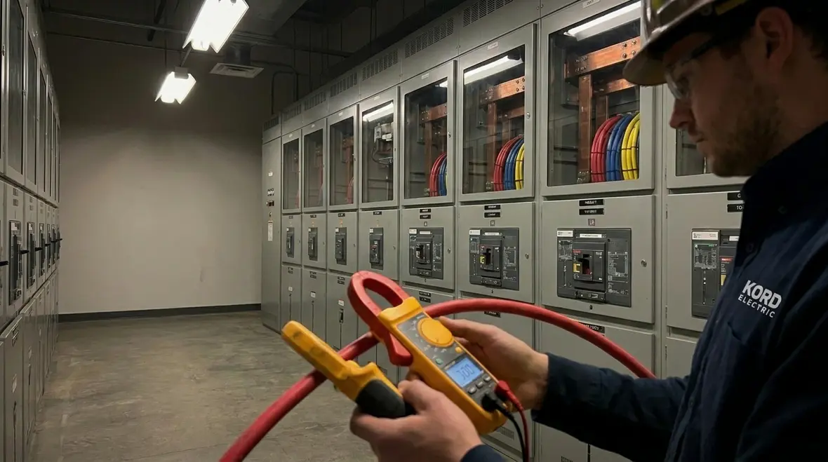 Commercial circuit breakers and protective devices being inspected for faults