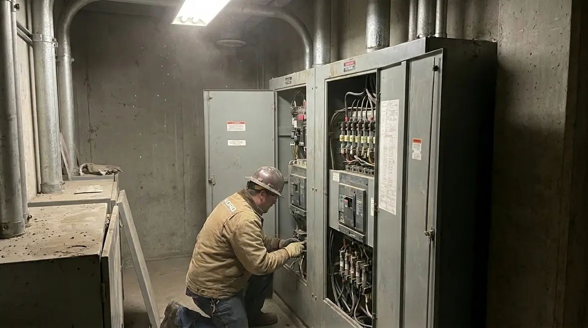 Technician inspecting a commercial electrical panel for early warning signs of failure