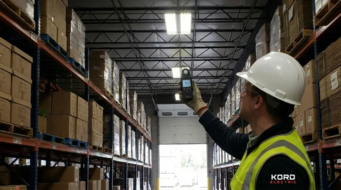 Technician auditing warehouse lighting levels for safety and efficiency