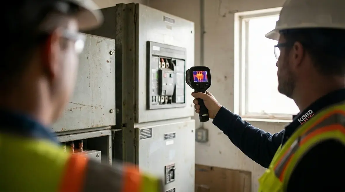 Electricians evaluating phase currents for commercial electrical load balancing