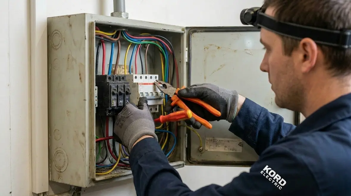 Technicians performing commercial electrical load balancing in a service panel