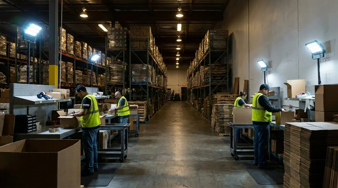 Technician inspecting energy efficient warehouse lighting fixtures