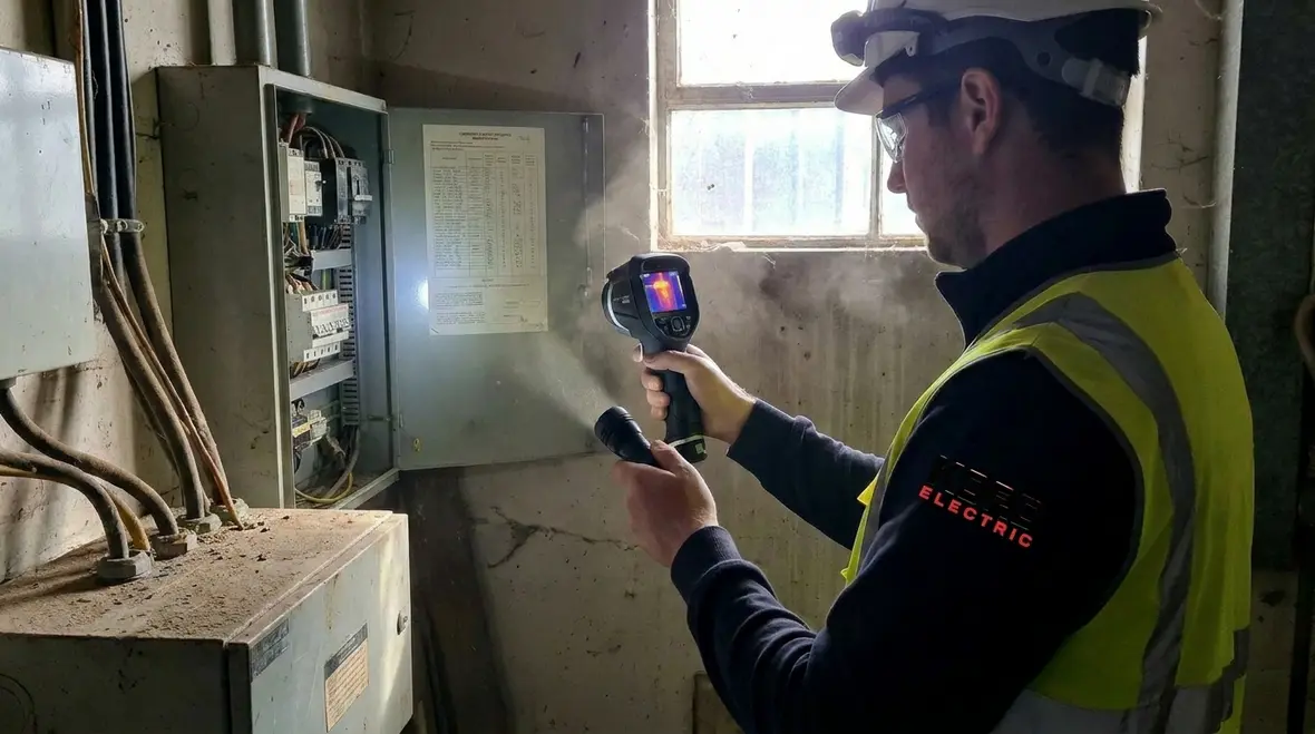 Electrician performing a commercial property electrical wiring assessment in a service room