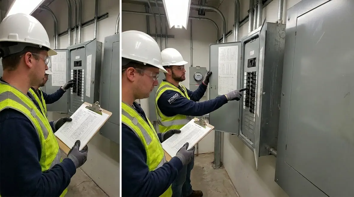 Technician inspecting commercial electrical panels and wiring conditions