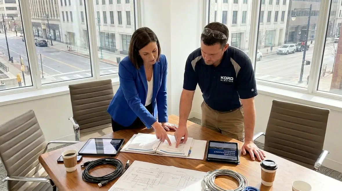 Facility manager reviewing a commercial electrical maintenance schedule