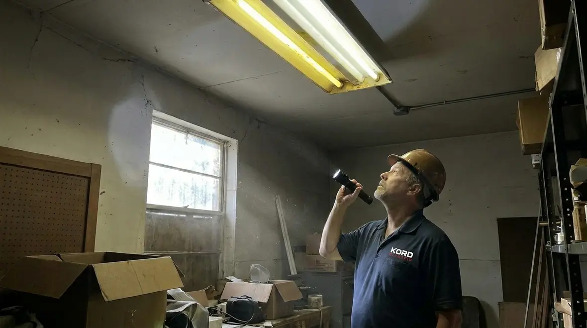 Technicians reviewing a commercial LED retrofit cost analysis