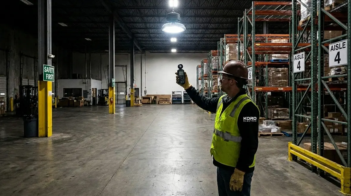 Technician performing electrical preventive maintenance with upgraded LED lighting