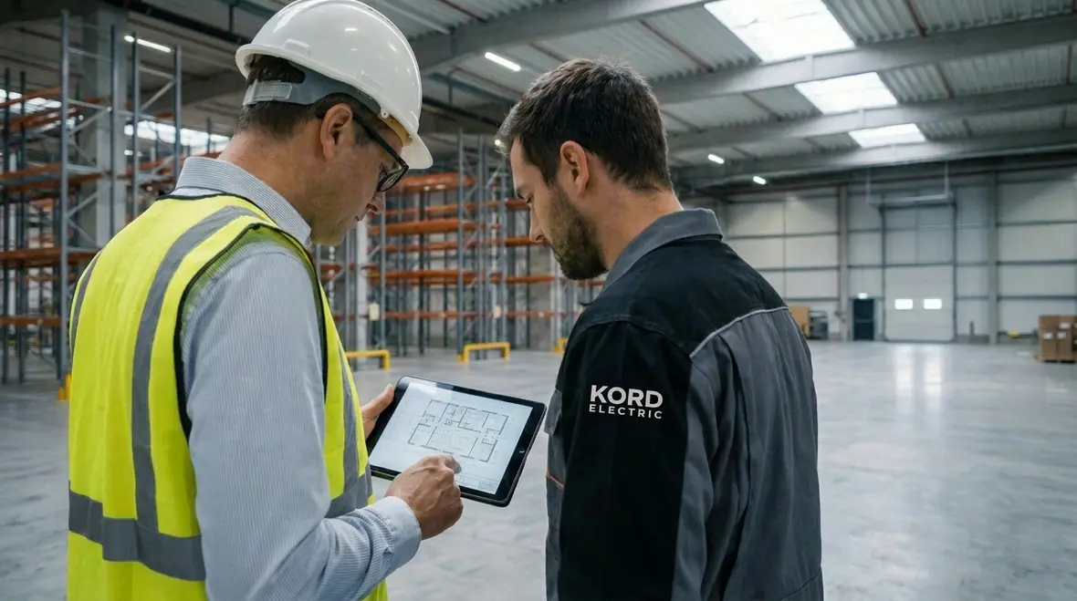 Facility manager reviewing commercial LED retrofit upgrade planning drawings