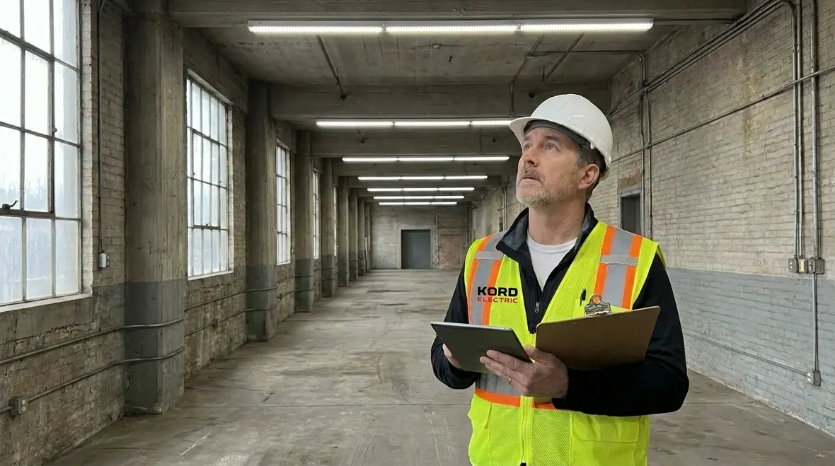 Technicians performing a commercial LED retrofit upgrade planning walk-through