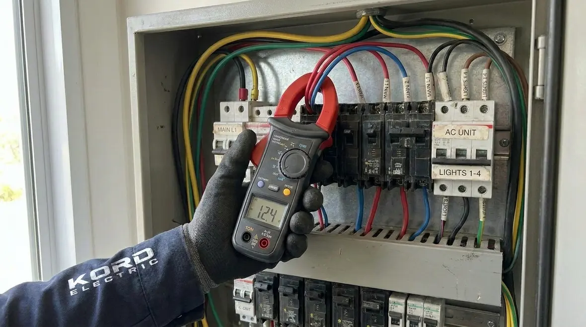Electrician performing electrical load audit before LED retrofit